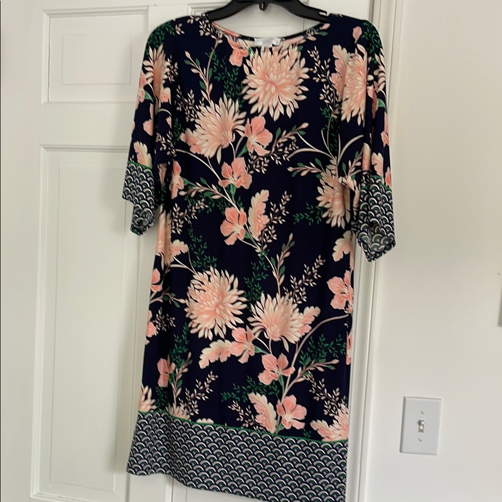 London Times Petite Floral Print Dress with Pink and Green Accents